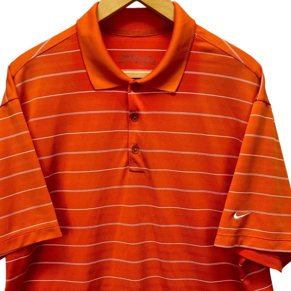 Nike Golf Dri Fit Orange White Striped Mens Polo Shirt XL Wicking 358325-802